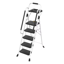 Liberti 5 Step Ladder with Handrails, Folding Step Stool Portable Steel Ladder for Adults for Home Kitchen Library Office, White